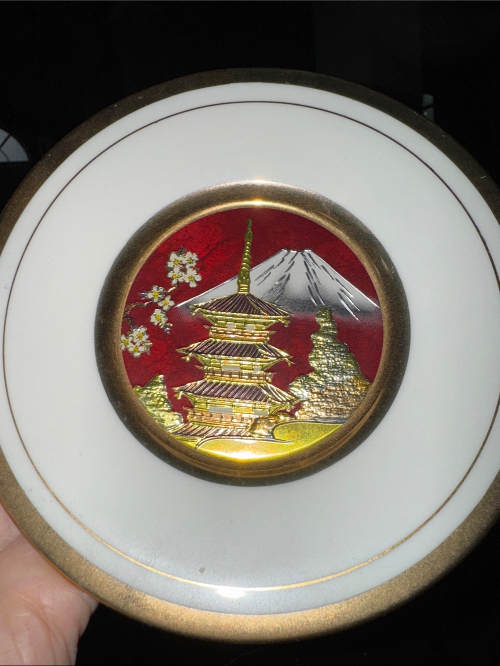 White, Red, Gold Pagoda Decorative Plate with Gold Accents